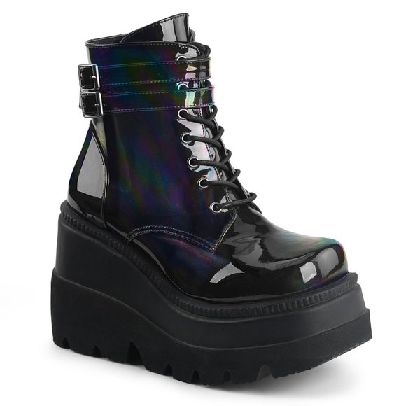 Demonia Shoes - Demonia Shaker 52 Hologram Patent Platform Boots - Black
